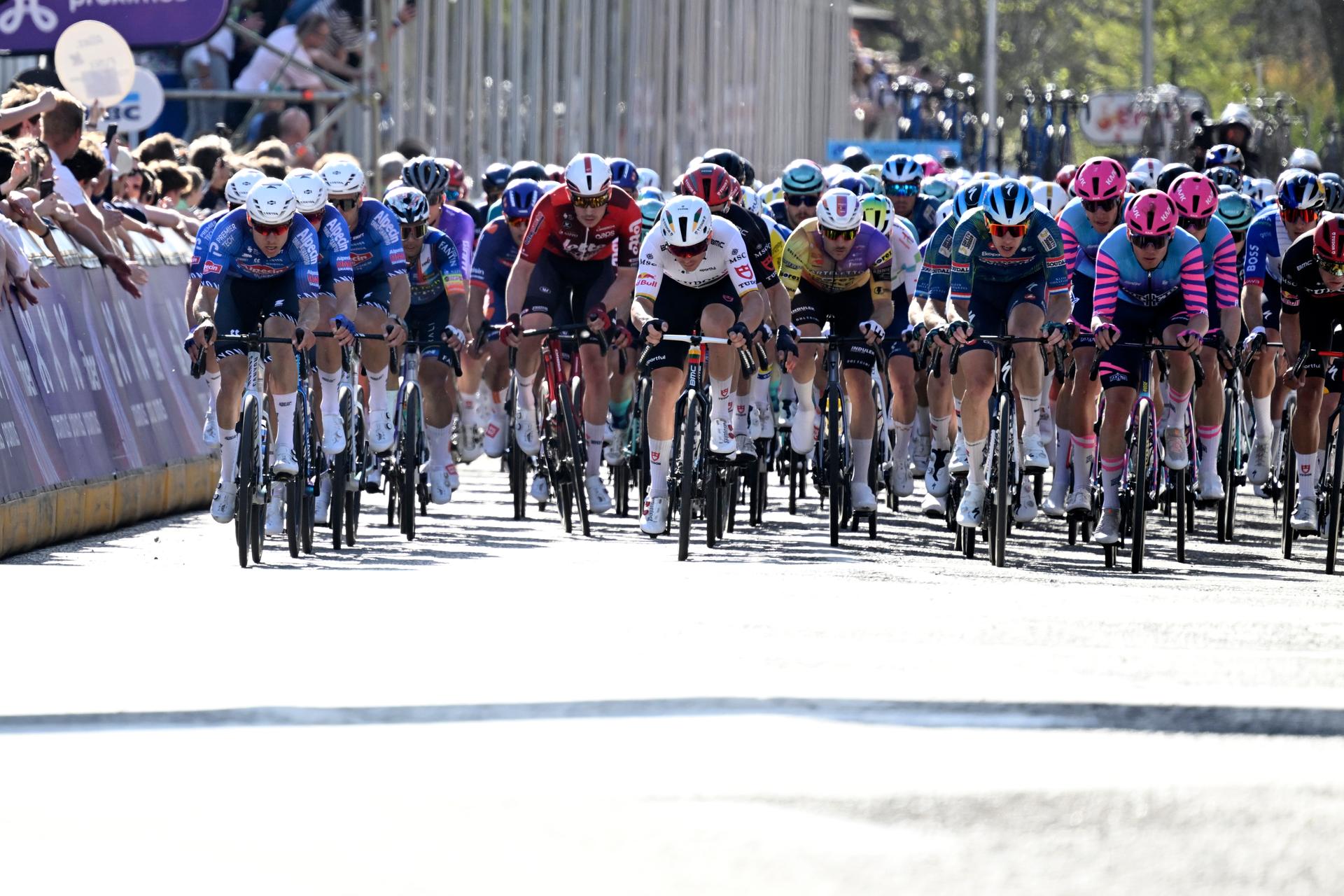 The pack of riders pictured in action during the men's race of the 'Scheldeprijs' one day cycling event, 205,2km from Terneuzen, the Netherlands to Schoten, Belgium on Wednesday 08 April 2026. BELGA PHOTO TOM GOYVAERTS