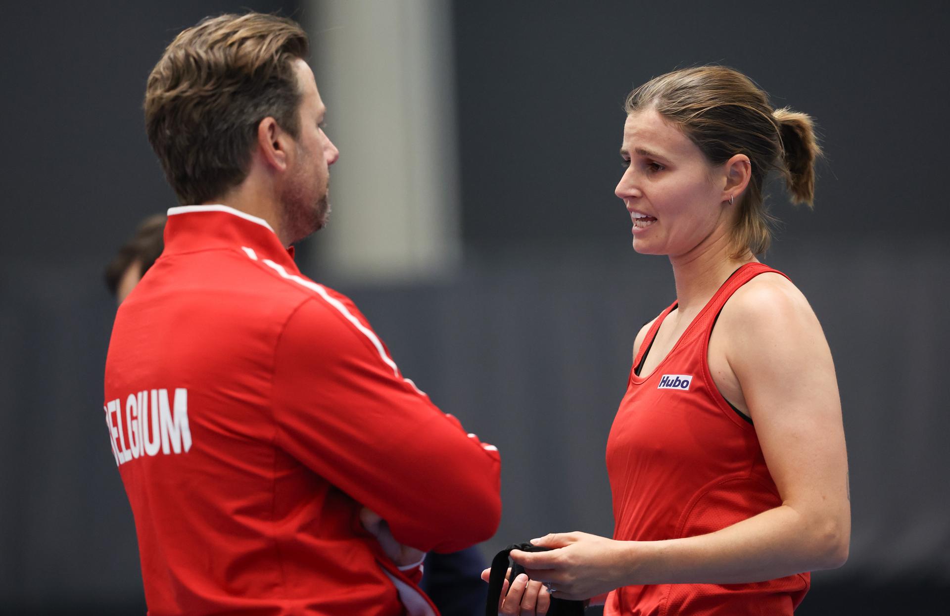 Belgian team captain Wim Fissette and Belgian Greet Minnen pictured after a tennis match between Belgian Minnen and Greek Matoula, in the qualifiers of the Billie Jean King Cup tennis, in Vilnius, Lithuania on Tuesday 08 April 2025. PHOTO VIRGINIE LEFOUR