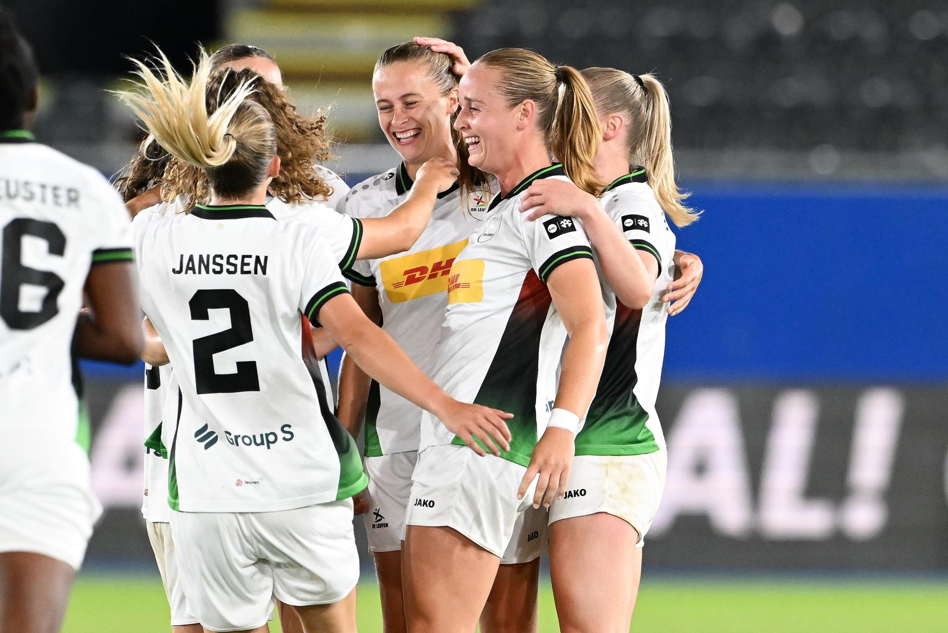 OHL's Julie Biesmans celebrates after scoring during a game between Oud-Heverlee Leuven Women and Poland women team Czarni Sosnowiec,  Wednesday 2 September 2026 in Leuven, a return leg in the third round qualification game in the UEFA Women's Champions League. OHL Women won 1-4 the first leg. BELGA PHOTO JILL DELSAUX