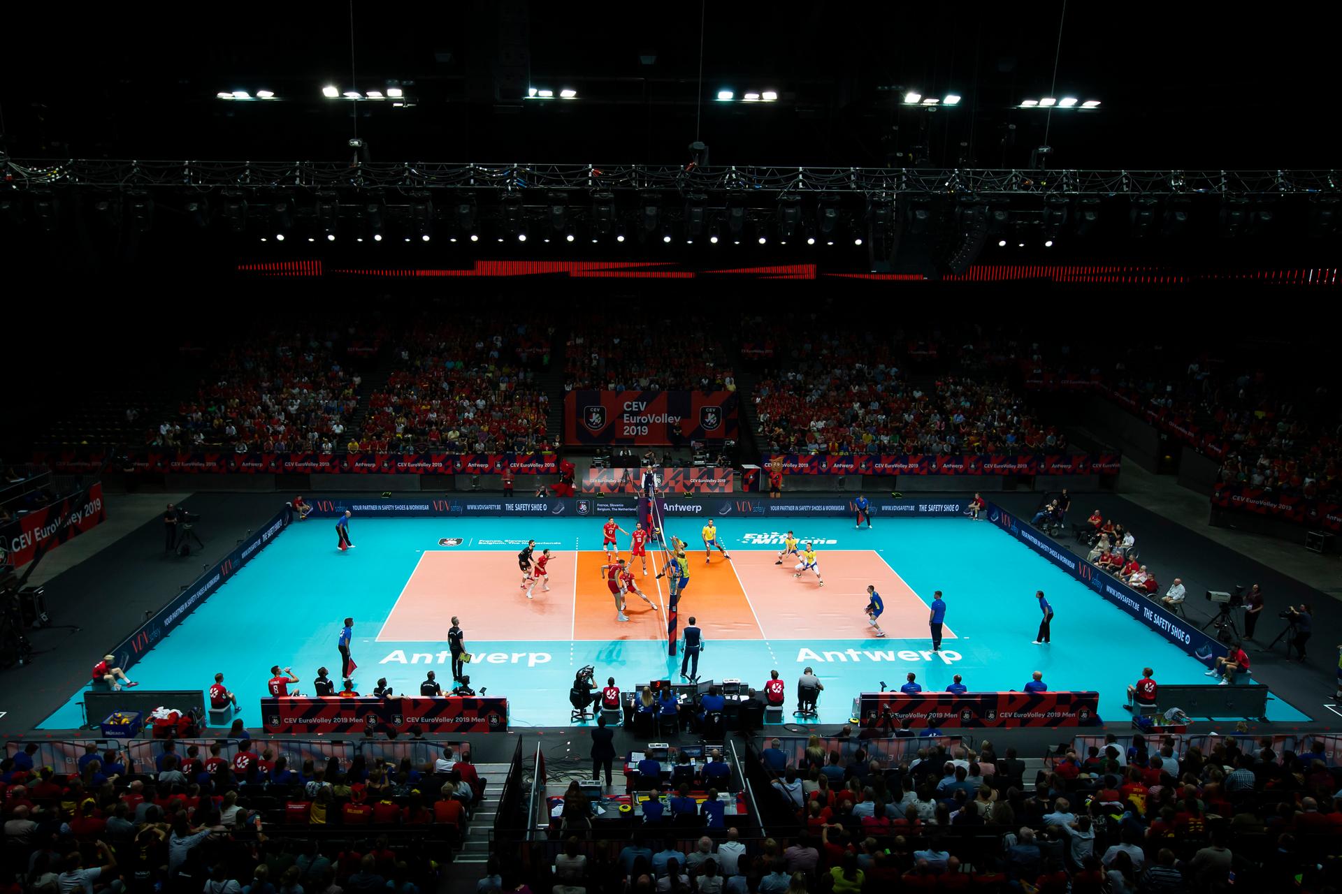 Illustration picture shows the Antwerp Sportpaleis during a volleyball game between Belgian national team 'the Red Dragons' and Ukraine, in the 1/8 finals of the European volleyball championships, Saturday 21 September 2019 in Antwerp. BELGA PHOTO KRISTOF VAN ACCOM