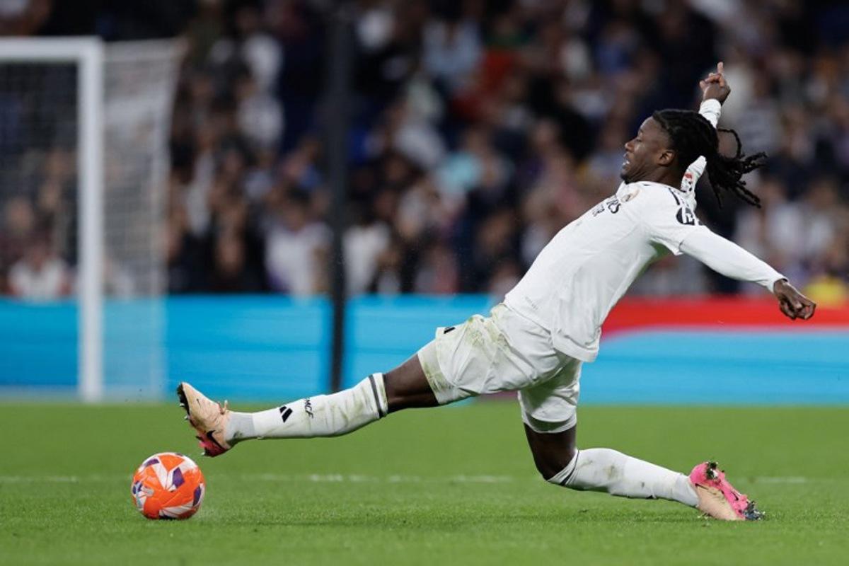 Real Madrid's French midfielder #06 Eduardo Camavinga controls the ball during the Spanish league football match between Real Madrid CF and Athletic Club Bilbao at the Santiago Bernabeu Stadium in Madrid, on April 20, 2025.  OSCAR DEL POZO / AFP
