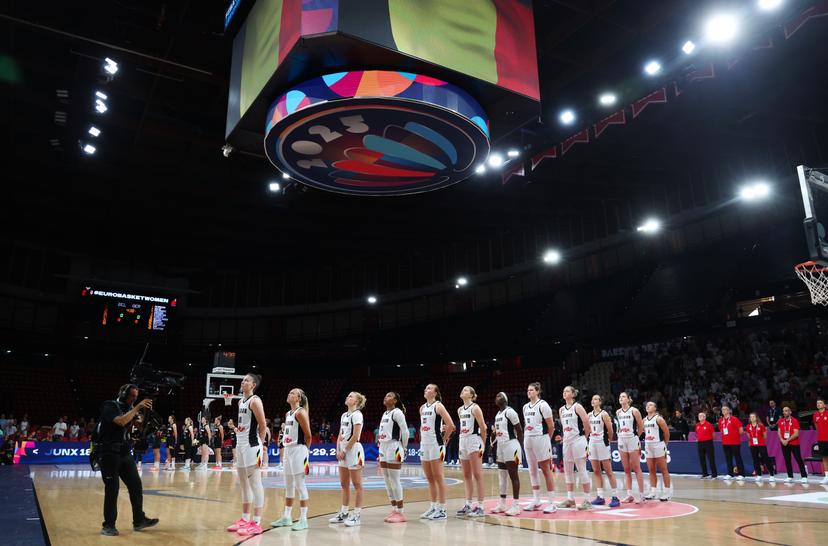 Belgian Cats' players pictured at the start of a basketball match between Belgian national team 'the Belgian Cats' and Germany, in the quarterfinals of the FIBA Women's EuroBasket tournament, Wednesday 25 June 2025 in Piraeus, Greece. BELGA PHOTO VIRGINIE LEFOUR