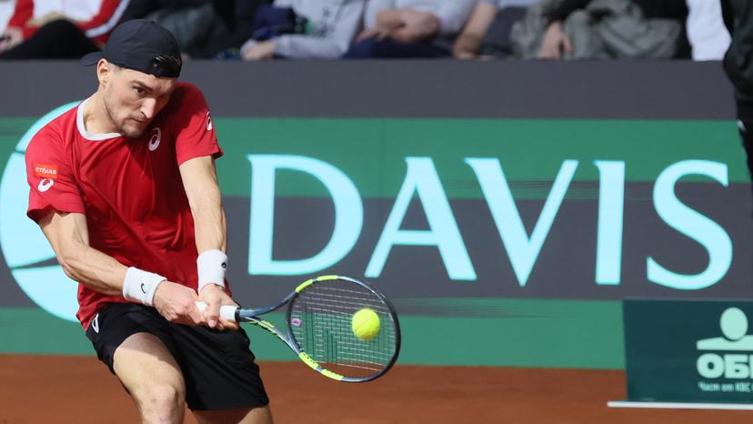 Belgian Raphael Collignon pictured in action during a tennis match against Bulgarian Vasilev, during the qualifier of the Davis Cup on Saturday 07 February 2026, in Plovdiv, Bulgaria. Belgium will compete this weekend in the Davis Cup qualifiers against Bulgaria. BELGA PHOTO BENOIT DOPPAGNE