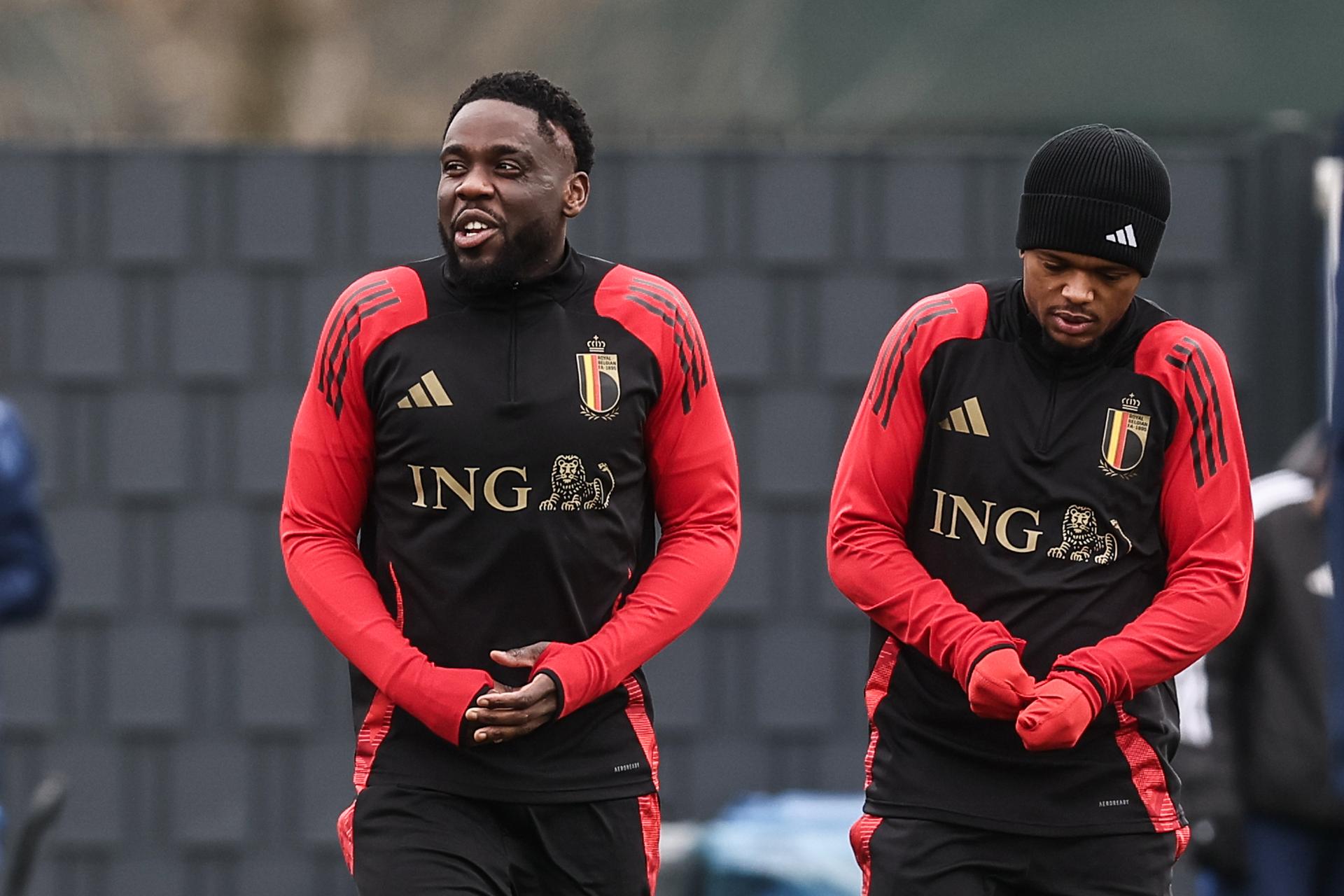 Belgium's Orel Mangala and Belgium's Lois Openda pictured during a training session of Belgian national soccer team the Red Devils, ahead of tomorrow's game against Israel in the Nations League group phase, Saturday 16 November 2024 in Tubize. BELGA PHOTO BRUNO FAHY