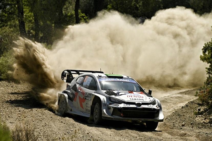 Great Britain's Elfyn Evans and his co-driver Scott Martin drive their Toyota GR Yaris Rally1 Hybridat the special stage Agioi Theodoroi during the Acropolis Rally in Agioi Theodoroi on June 27, 2025.  Valerie GACHE / AFP