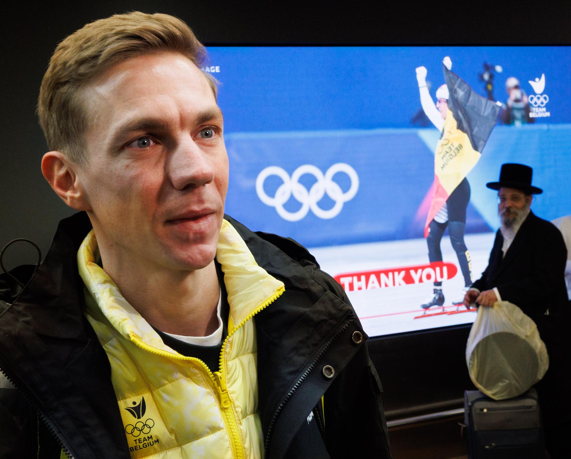 Belgian Bart Swings answers questions during the arrival of Team Belgium from the Milano Cortina 2026 Olympic Winter Games, on Monday 23 February 2026, at Brussels Airport, in Zaventem. Belgium won a bronze medal in the shorttrack mixed relay. BELGA PHOTO BENOIT DOPPAGNE