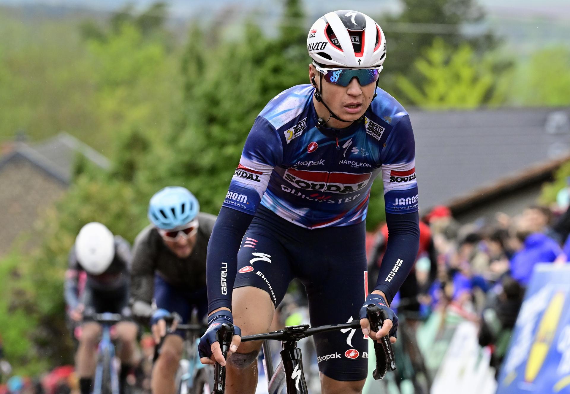 Belgian Mauri Vansevenant of Soudal Quick-Step pictured in action during the men's race of the 'La Fleche Wallonne', one day cycling race (Waalse Pijl - Walloon Arrow), 205,2 km from Ciney to Huy, Wednesday 23 April 2025. BELGA PHOTO DIRK WAEM