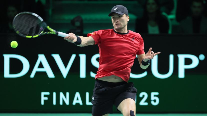 Belgian Raphael Collignon pictured in action during a tennis match against Italian Berrettini, the first in the Davis Cup semifinals between Belgium and Italy, in Bologna, Italy, on Friday 21 November 2025. The Davis Cup top eight Finals take place in Bologna from November 18 to 23. BELGA PHOTO BENOIT DOPPAGNE
