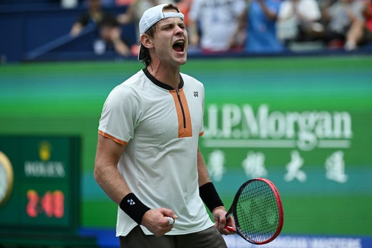 Belgium's Zizou Bergs celebrates after winning against Canada's Gabriel Diallo in their men's singles match at the Shanghai Masters tennis tournament in Shanghai on October 7, 2025.  Jade Gao / AFP