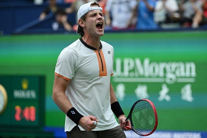 Belgium's Zizou Bergs celebrates after winning against Canada's Gabriel Diallo in their men's singles match at the Shanghai Masters tennis tournament in Shanghai on October 7, 2025.  Jade Gao / AFP