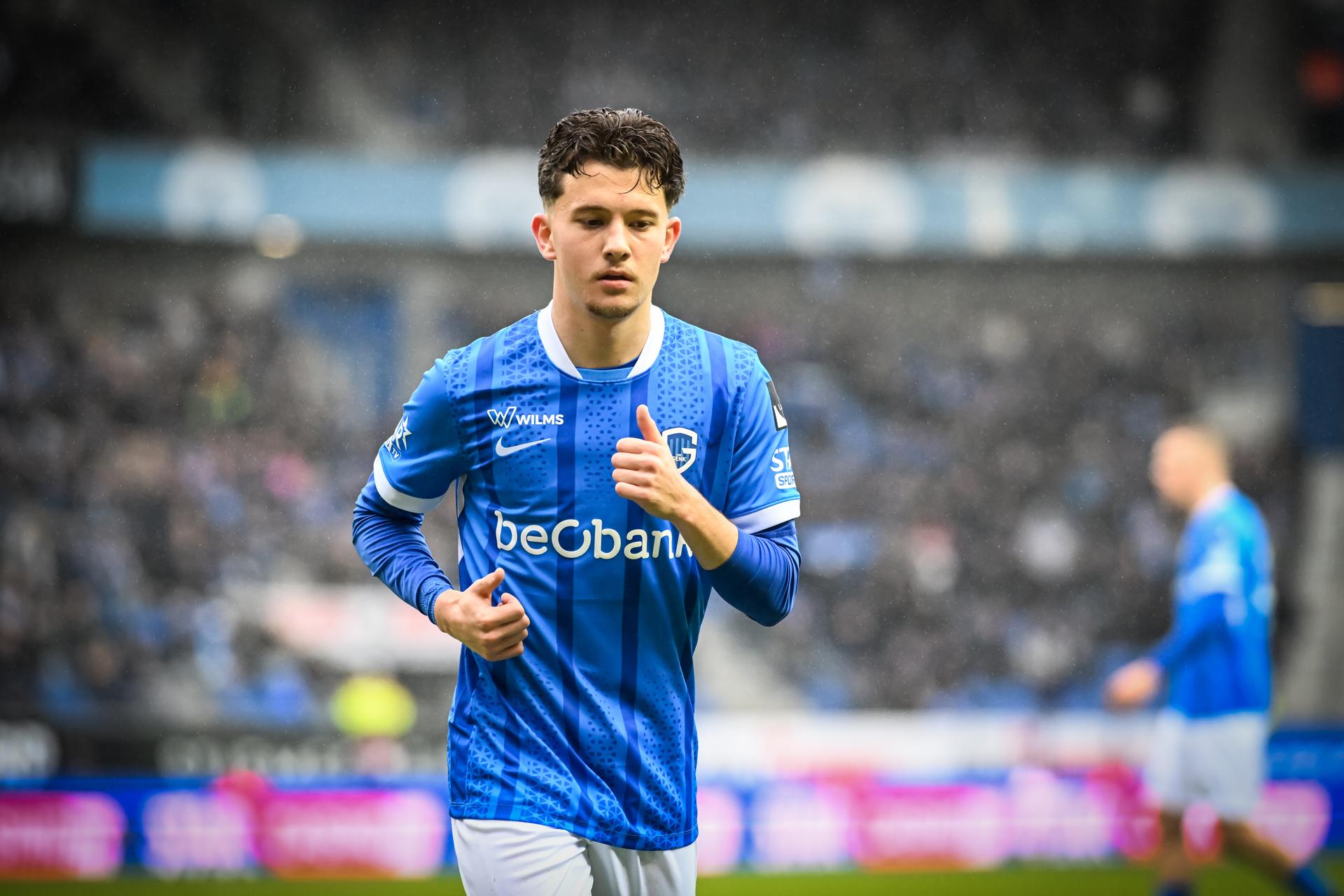 Genk's Konstantinos Kos Karetsas pictured during a soccer match between KRC Genk and Standard de Liege, Sunday 22 February 2026 in Genk, a game of day 26 of the 2025-2026 'Jupiler Pro League' first division of the Belgian championship. BELGA PHOTO JILL DELSAUX