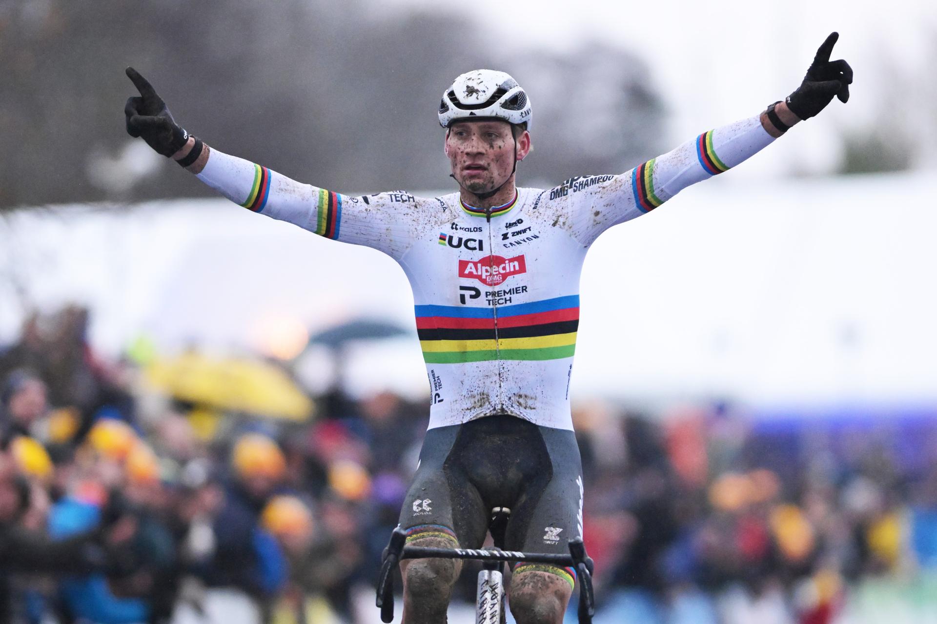 Dutch Mathieu Van Der Poel celebrates as he crosses the finish line to win the men's elite race of the 'GP Sven Nys' cyclocross cycling event on Thursday 01 January 2026 in Baal, stage 6/8 in the X2O Badkamers 'Trofee Veldrijden' competition. BELGA PHOTO DAVID PINTENS
