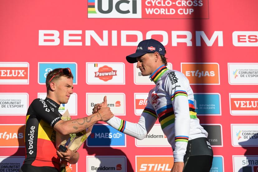 Belgian Thibau Nys and Dutch Mathieu Van Der Poel pictured on the podium after the Men's Elite race at the cyclocross cycling event in Benidorm, Spain, Sunday 18 January 2026, stage 10/12 in the UCI World Cup competition. BELGA PHOTO DAVID PINTENS