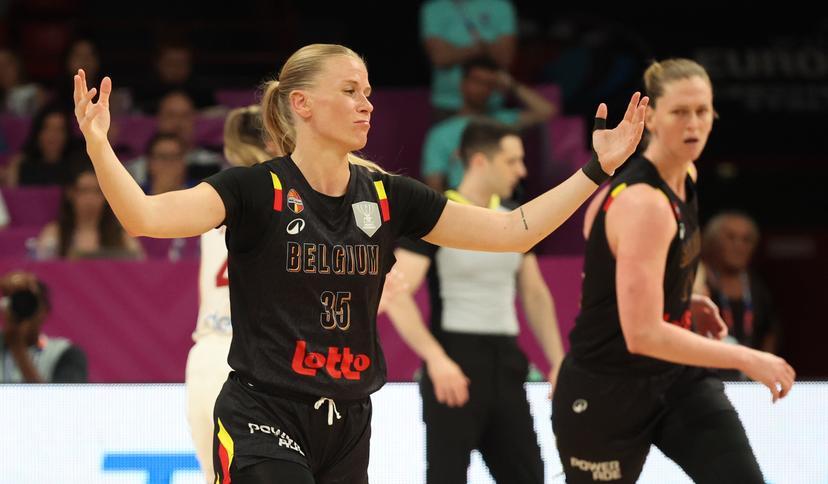 Belgium's Julie Vanloo gestures during a basketball match between Spain and Belgian national team 'the Belgian Cats' on Sunday 29 June 2025 in Piraeus, Greece, the final of the FIBA Women's EuroBasket 2025. BELGA PHOTO VIRGINIE LEFOUR