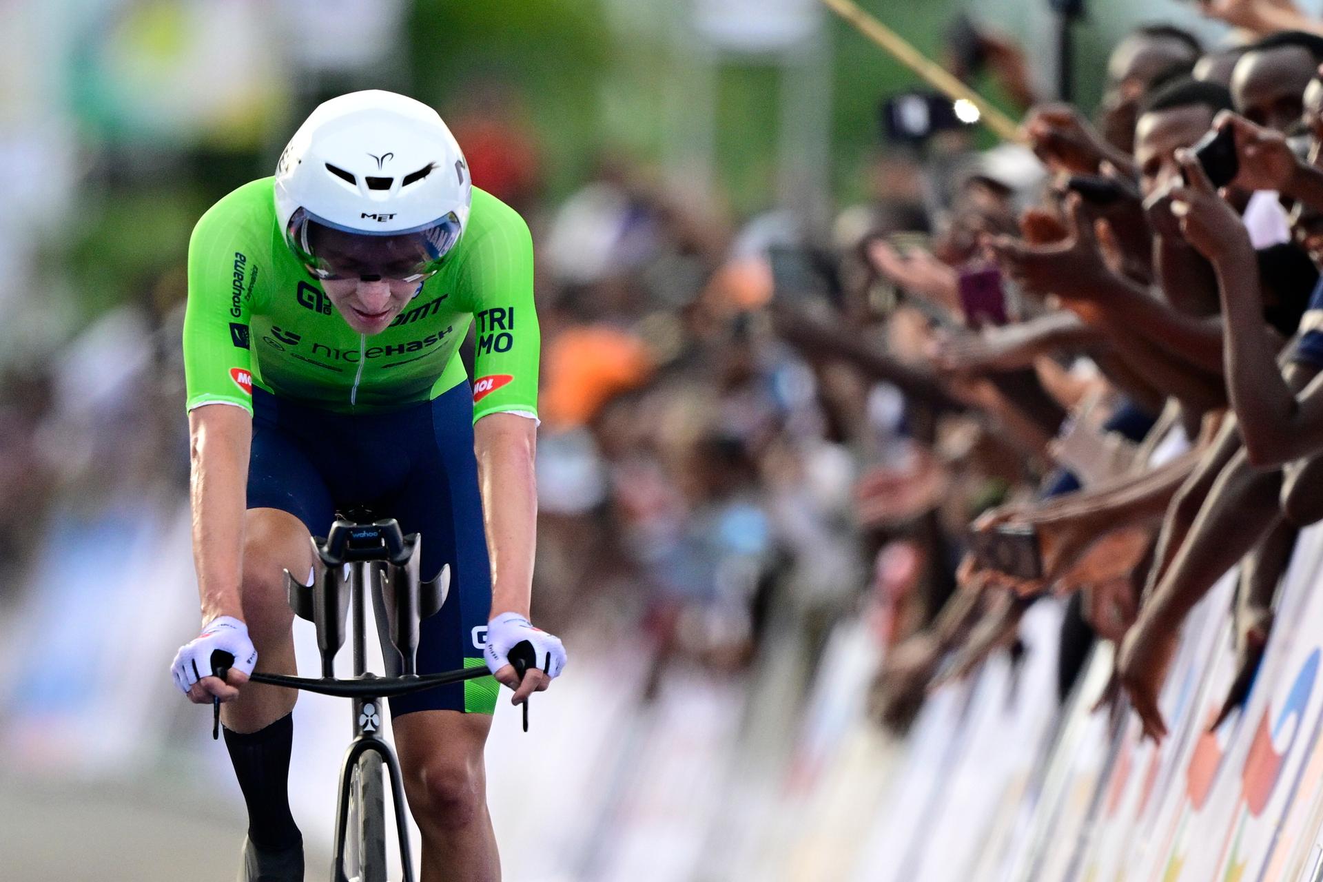 Slovenian Tadej Pogacar pictured at the arrival of the Men Elite Individual Time Trial race (40,8km) at the cycling road world championships, in Kigali, Rwanda, Sunday 21 September 2025. The 2025 UCI Road World Championships take place from 21 to 28 September in Kigali, Rwanda. BELGA PHOTO DIRK WAEM