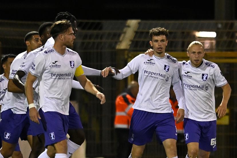 Patro Eisden's Leandro Rousseau celebrates after scoring during a soccer game between Jong Genk and Patro Eisden Maasmechelen, Friday 26 September 2025 in Geel, on day 8 of the 2025-2026 'Challenger Pro League' 1B second division of the Belgian championship. BELGA PHOTO JOHAN EYCKENS