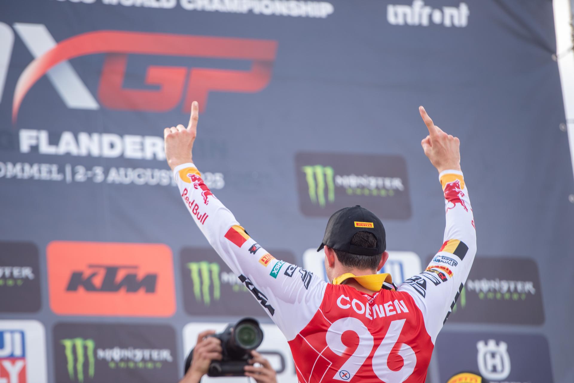 Belgium's Lucas Coenen celebrates on the podium after winning the motocross MXGP Grand Prix Flanders, race 15/20 of the FIM Motocross World Championship, Sunday 03 August 2025 in Lommel. BELGA PHOTO JONAS ROOSENS