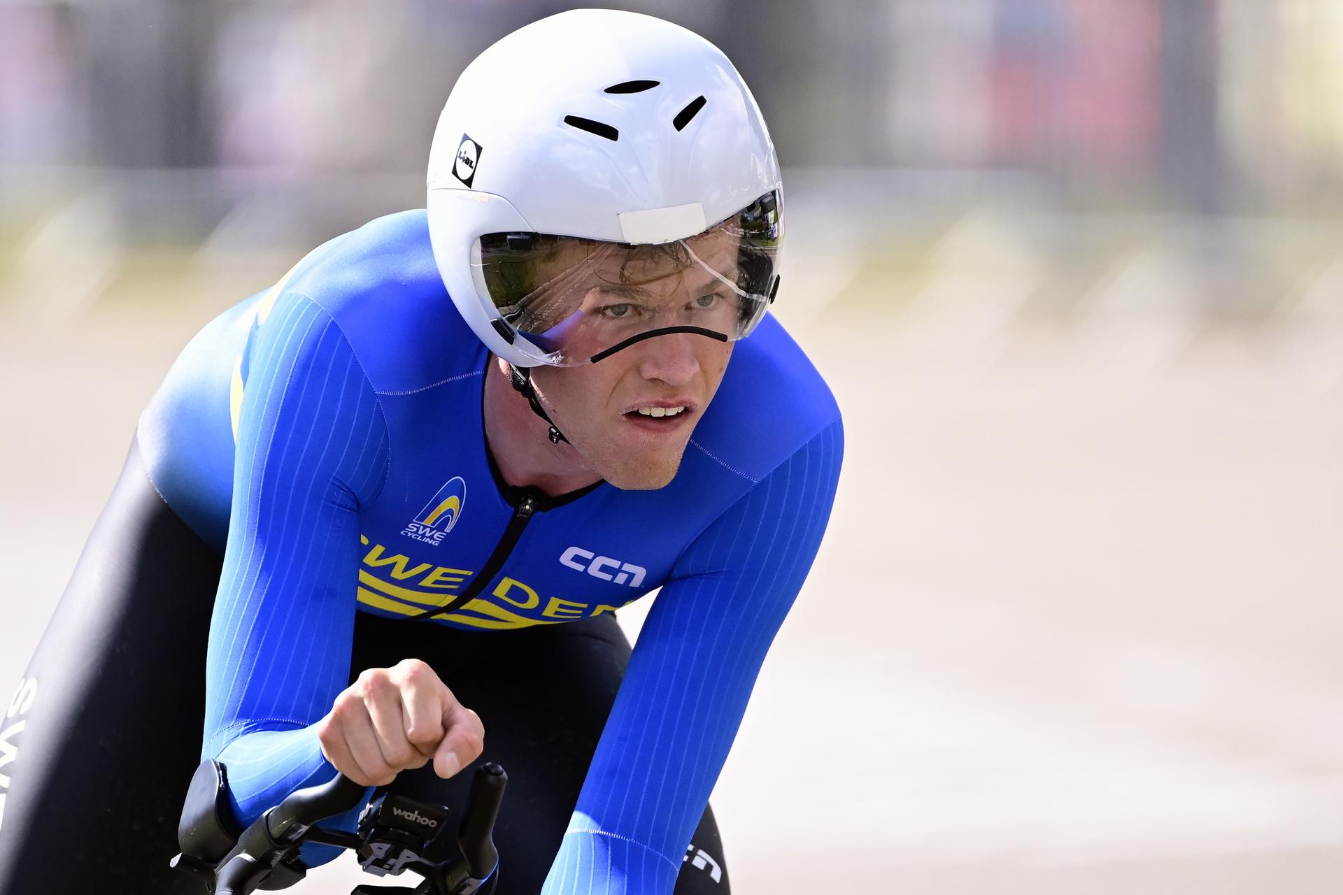 Swedish Jakob Soderqvist pictured in action during the time trial U23 Men at the European Championship 2024, in Hasselt, Wednesday 11 September 2024. The UEC Road European Championships 2024 will take place from 11 to 15 september in Limburg, Belgium. BELGA PHOTO DIRK WAEM