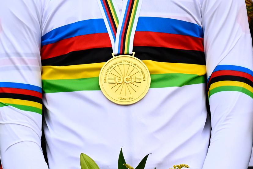 Illustration picture shows the gold medal and world champion jersey after the mixed team relay race, at the UCI Cyclocross World Championships, in Lievin, France, Friday 31 January 2025. The world championships are taking place from 31 January until 02 February. BELGA PHOTO JASPER JACOBS