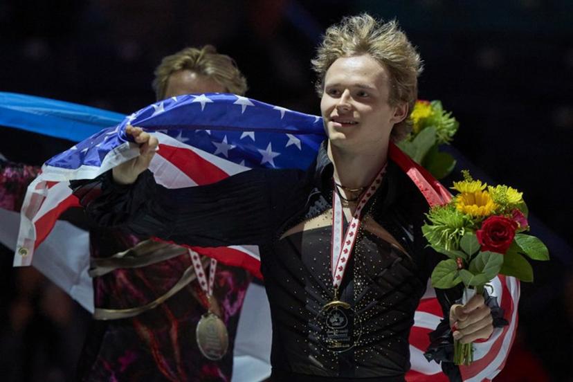 Gold medalist Ilia Malinin of the United States celebrates after winning the free program in the men's competition during the ISU Grand Prix of Figure Skating 2025 Skate Canada International at the SaskTel Centre in Saskatoon, Saskatchewan, Canada on November 2, 2025.  Geoff Robins / AFP