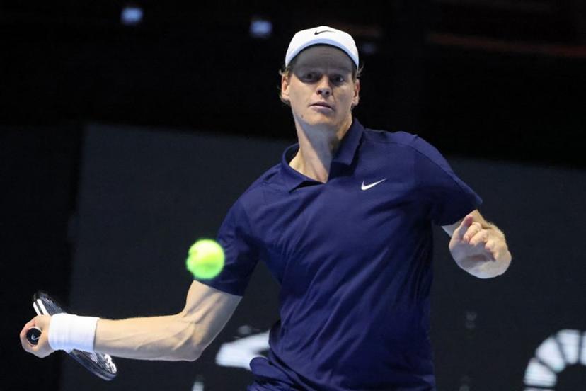 Italy's Jannik Sinner returns the ball to Greece's Stefanos Tsitsipas during the quarter-final of the Six Kings Slam exhibition tennis tournament in Riyadh on October 15, 2025.  Fayez NURELDINE / AFP