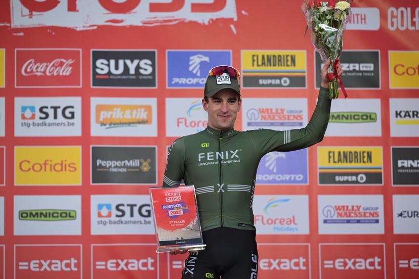 Dutch Ryan Kamp pictured on the podium after the men elite race at the 'Leiecross' cyclocross cycling event on Saturday 13 December 2025 in Kortrijk, the fourth stage (out of 7) in the Exact Cross competition. BELGA PHOTO DAVID PINTENS