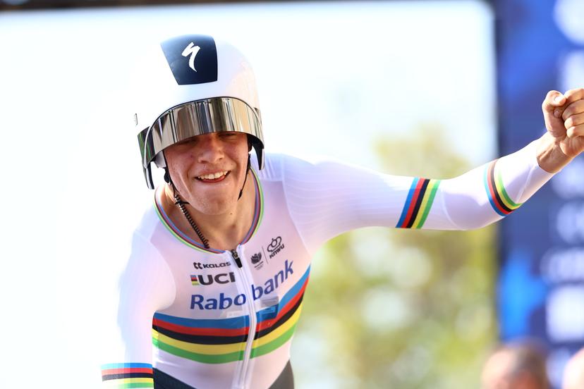 Dutch Michiel Mouris pictured in action during the 24 km time trial of the men junior category at the UEC road European cycling championships, Wednesday 01 October 2025, in Loriol-sur-Drome, France. The European cycling championships Drome-Ardeche takes place from 1 to 5 October, France. BELGA PHOTO DAVID PINTENS