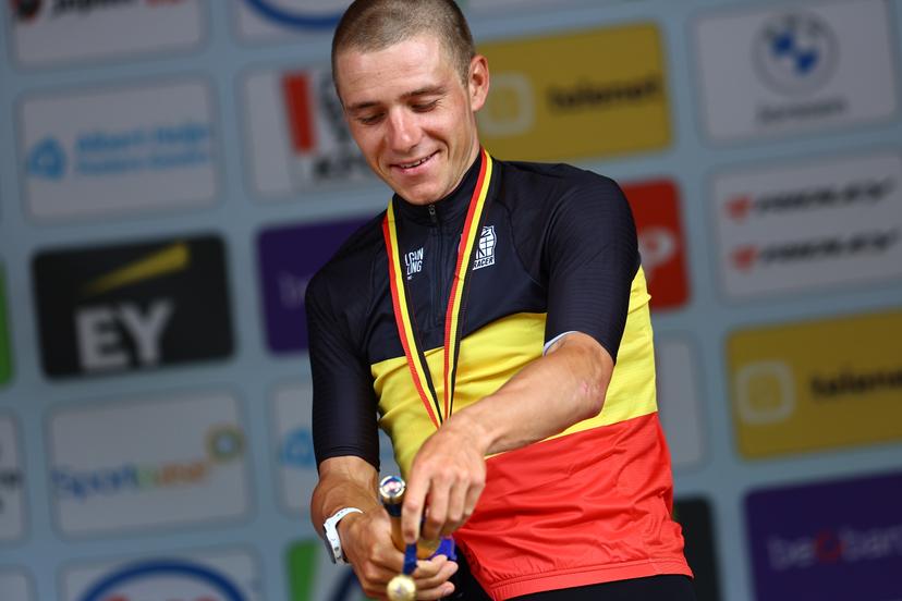 Belgian Remco Evenepoel of Soudal Quick-Step pictured on the podium after winning the men's elite individual time trial of the Belgian Cycling Championships, 40,2km, in Brasschaat, on Friday 27 June 2025. BELGA PHOTO DAVID PINTENS