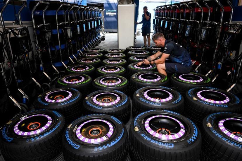 A technician checks tires at the Spa-Francorchamps circuit, in Spa, ahead of the Formula One Belgian Grand Prix, on July 16, 2026.   JOHN THYS / AFP
