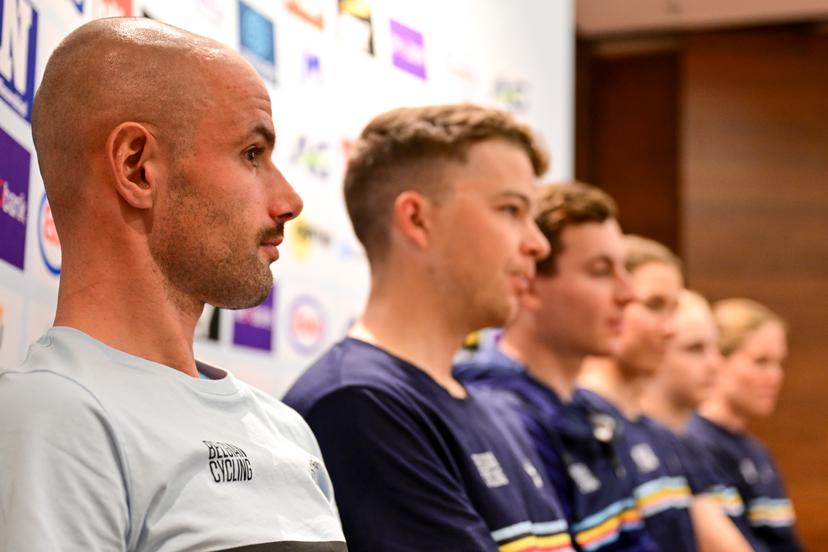 Belgian Victor Campenaerts, Belgian Florian Vermeersch, Belgian Jonathan Vervenne, Belgian Marieke Meert, Belgian Marthe Goossens and Belgian Julie Van De Velde pictured during a press conference at the cycling road World Championships, in Kigali, Rwanda, Monday 22 September 2025. The 2025 UCI Road World Championships take place from 21 to 28 September in Kigali, Rwanda. BELGA PHOTO DIRK WAEM