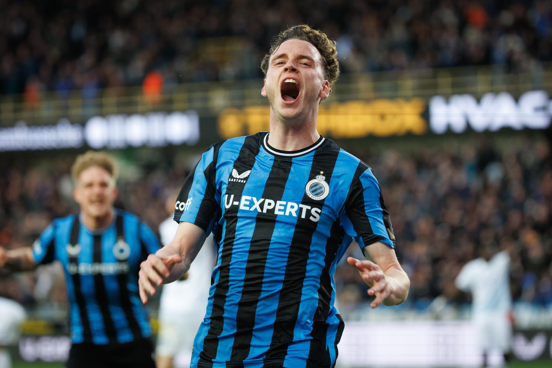Club's Maxim De Cuyper celebrates after scoring during a soccer match between Club Brugge and KRC Genk, Sunday 13 April 2025 in Brugge, on day 3 (out of 10) of the Champions' Play-offs of the 2024-2025 'Jupiler Pro League' first division of the Belgian championship. BELGA PHOTO KURT DESPLENTER