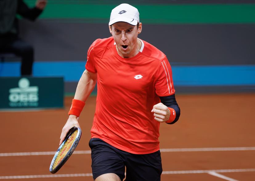 Belgian Joran Vliegen reacts during a doubles tennis match between Bulgarian Donski/Nesterov and Belgian Gille/Vliegen, match 3 of the qualifier of the Davis Cup on Sunday 08 February 2026, in Plovdiv, Bulgaria. Belgium will compete this weekend in the Davis Cup qualifiers against Bulgaria. BELGA PHOTO BENOIT DOPPAGNE