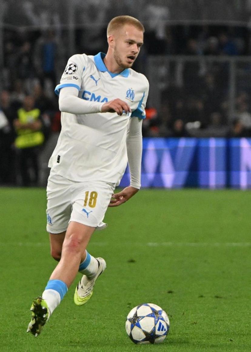 Marseille's Belgian midfielder #18 Arthur Vermeeren runs with the ball during the UEFA Champions League, league phase day 2, football match between Olympique de Marseille (FRA) and AFC Ajax (NED) at the Velodrome stadium, in Marseille on September 30, 2025.  Christophe Simon / AFP