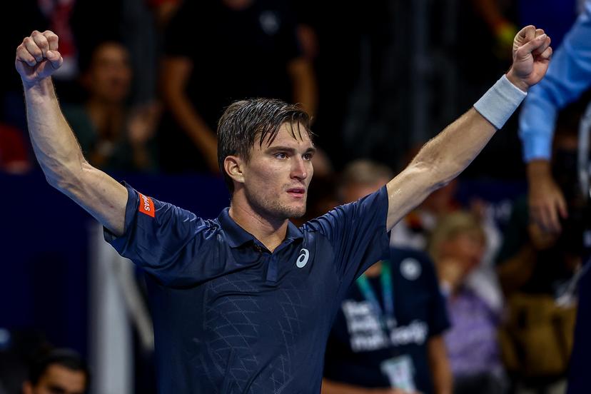 Belgian Raphael Collignon celebrates after winning his match during the European Open ATP tennis tournament in Brussels, on Tuesday 14 October 2025. This year's edition of the tournament is taking place from 12 to 19 October 2025. BELGA PHOTO JASPER JACOBS
