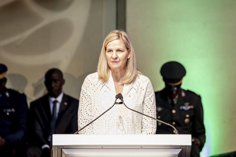 President of the International Olympic Committee (IOC) Kirsty Coventry delivers her speech during the unveiling ceremony of the Dakar 2026 Youth Olympics mascot at the Grand Theatre in Dakar, on October 31, 2025. Senegal will be the first African country to host the Summer Youth Olympic Games in 2026. PATRICK MEINHARDT / AFP