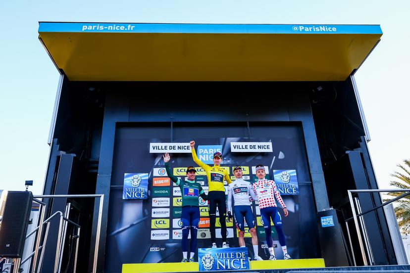 Danish Mads Pedersen of Lidl-Trek, American Matteo Jorgenson of Team Visma-Lease a Bike, German Florian Lipowitz of RedBull-BORA-hansgrohe and French Thomas Gachignard of TotalEnergies pictured on the podium after stage eight of the 83th edition of the Paris-Nice cycling race, 119,9 km from Nice to Nice, France, Sunday 16 March 2025. BELGA PHOTO DAVID PINTENS