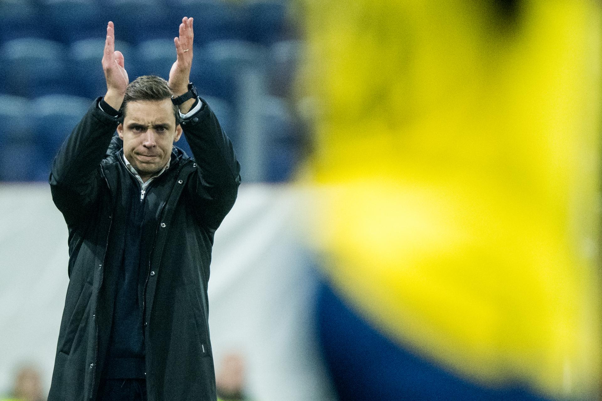 Union's head coach David Hubert reacts during a soccer game between Belgian Royale Union Saint-Gilloise and Italian Atalanta Bergamo, on Wednesday 28 January 2026 in Brussels, on the eight day of the League phase of the UEFA Champions League tournament. BELGA PHOTO JASPER JACOBS
