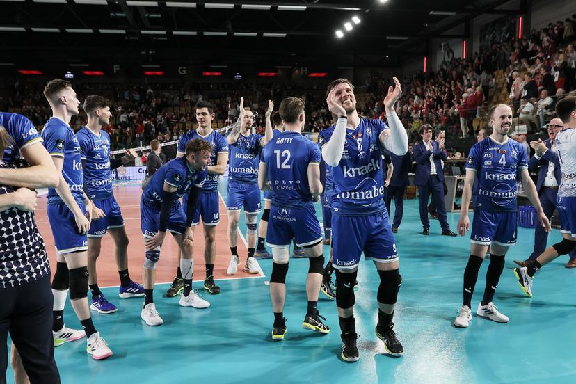 Roeselare's players celebrate after winning a volleyball match between Greenyard Maaseik and Knack Roeselare, Sunday 28 April 2024 in Maaseik, the last match of the best-of-five finals in the Play Offs of the Belgian volleyball competition. BELGA PHOTO BRUNO FAHY