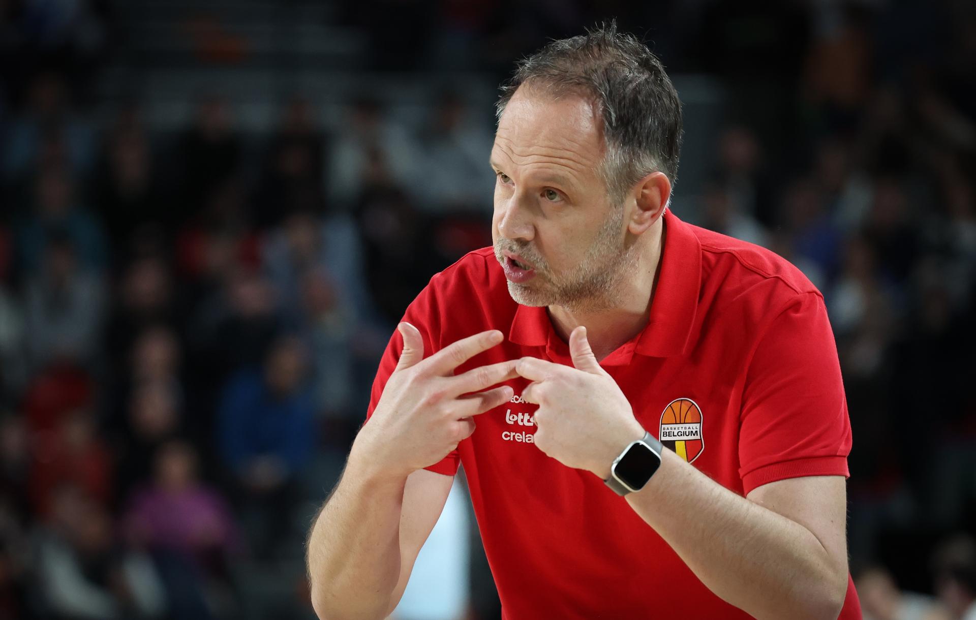 Belgium's head coach Julien Mahe gestures during a basketball match between Belgian national team Belgian Lions and Finland, Friday 27 February 2026 in Charleroi, qualifier 3/6 for the men's 2027 FIBA World Championships. BELGA PHOTO VIRGINIE LEFOUR