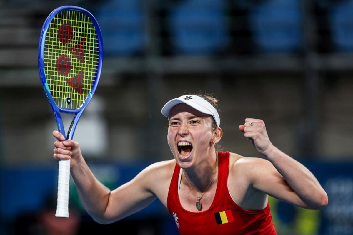 Belgium's Elise Mertens celebrates after victory against Czech Republic's Barbora Krejcikova in their women's singles quarter-final match at the United Cup tennis tournament at Ken Rosewall Arena in Sydney on January 8, 2026.  Izhar KHAN / AFP