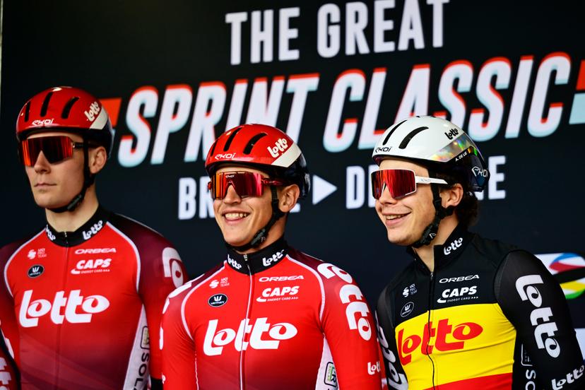 Belgian Steffen De Schuyteneer of Lotto Cycling Team and Belgian Arnaud De Lie of Lotto Cycling Team pictured at the start of the 'Classic Brugge-De Panne' men's elite one-day cycling race, 195,6 km from Brugge to De Panne, Wednesday 26 March 2025. BELGA PHOTO DIRK WAEM