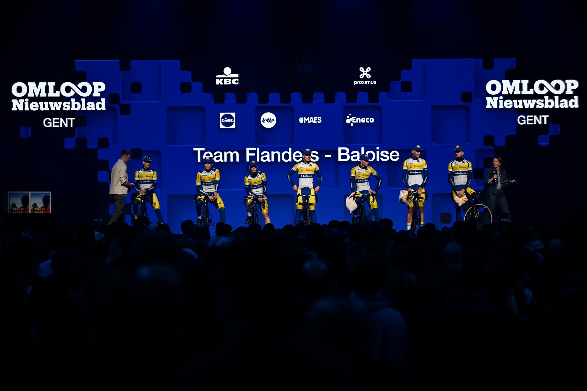 Team Flanders Baloise riders pictured at the team presentation of the 80th edition of the men's one-day cycling race Omloop Het Nieuwsblad (UCI World Tour), 197km from Gent to Ninove, Saturday 01 March 2025. BELGA PHOTO DIRK WAEM