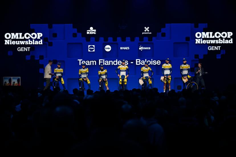 Team Flanders Baloise riders pictured at the team presentation of the 80th edition of the men's one-day cycling race Omloop Het Nieuwsblad (UCI World Tour), 197km from Gent to Ninove, Saturday 01 March 2025. BELGA PHOTO DIRK WAEM