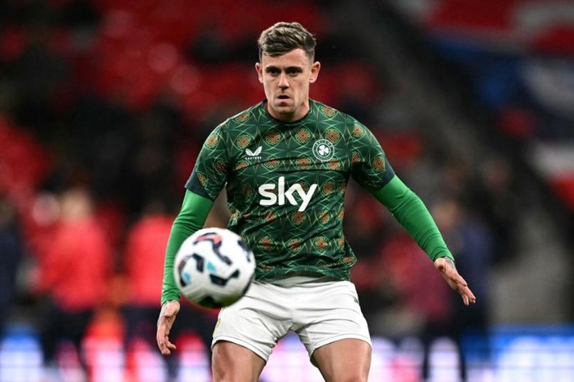 Ireland's forward #07 Sammie Szmodics focuses on the ball during the warm up ahead of the UEFA Nations League, League B - Group 2, football match between England and the Republic of Ireland at Wembley Stadium in London on November 17, 2024.   Ben STANSALL / AFP