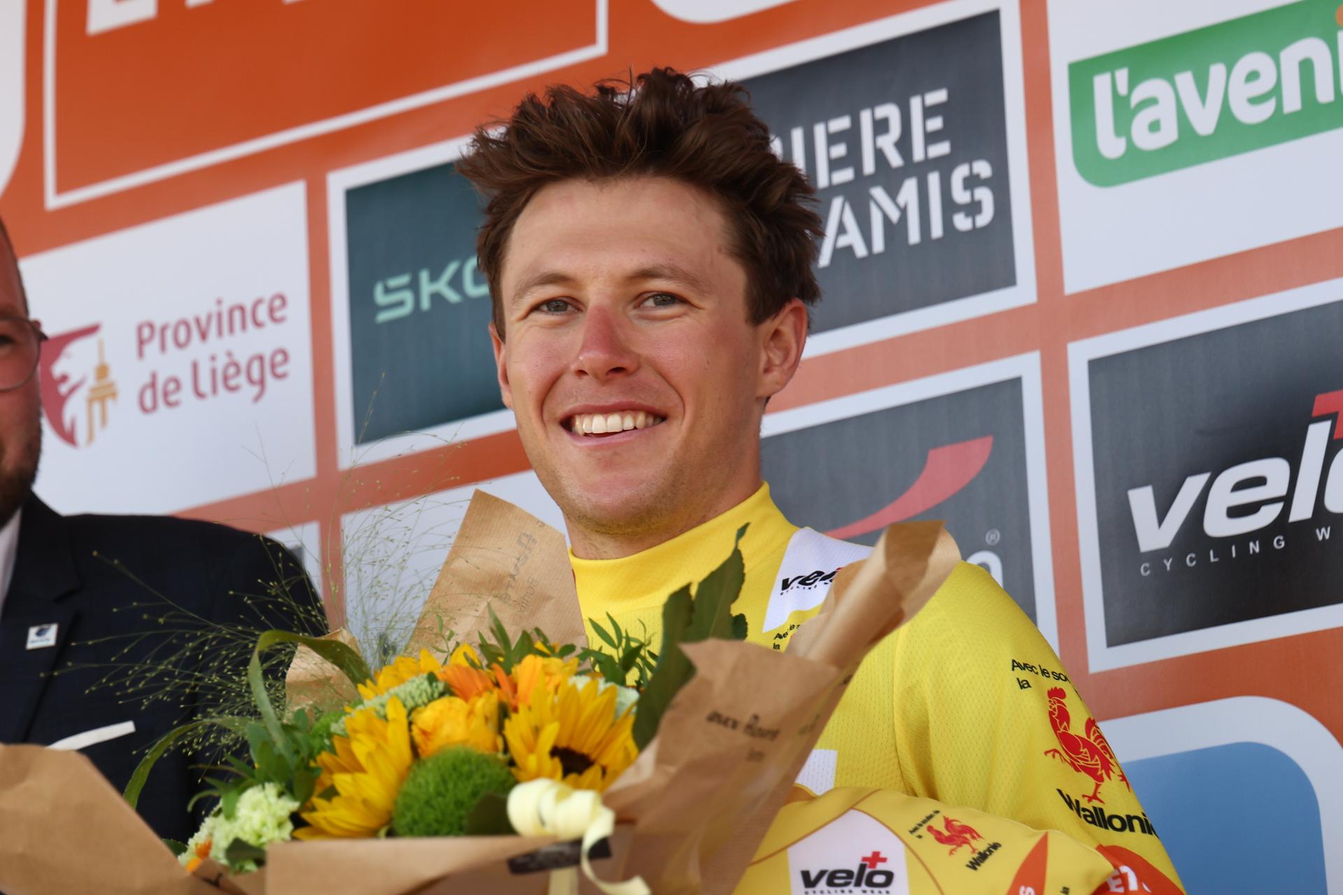 New Zealander Corbin John Strong of Israel-Premier Tech pictured on the podium after the fifth and final stage of the Tour De Wallonie cycling race, from and back of Bertrix (183,3 km), on Wednesday 30 July 2025. BELGA PHOTO BRUNO FAHY