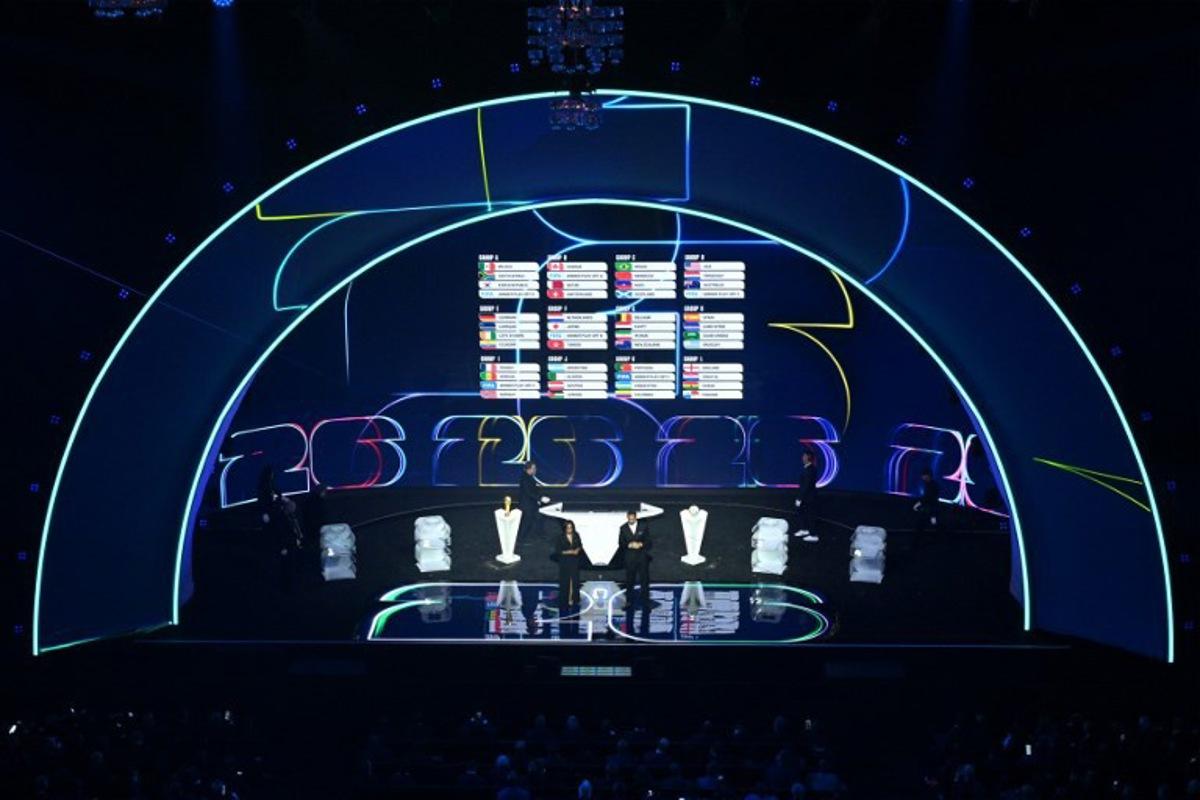 A picture shows groups A, B, C, D, E, F, G, H, I, J, K and L during the draw for the 2026 FIFA Football World Cup taking place in the US, Canada and Mexico, at the Kennedy Center, in Washington, DC, on December 5, 2025.  Roberto SCHMIDT / AFP