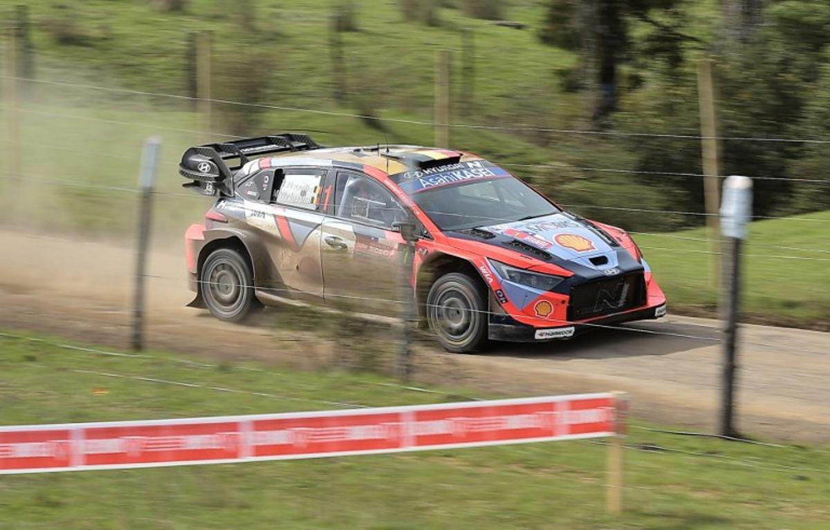 Belgium driver Thierry Neuville and co-driver Martijn Wydaeghe compete in their Hyundai i20 N Rally1 during the first day of the WRC Rally Chile Bio Bio in Concepcion, Chile, on September 12, 2025.  GUILLERMO SALGADO / AFP