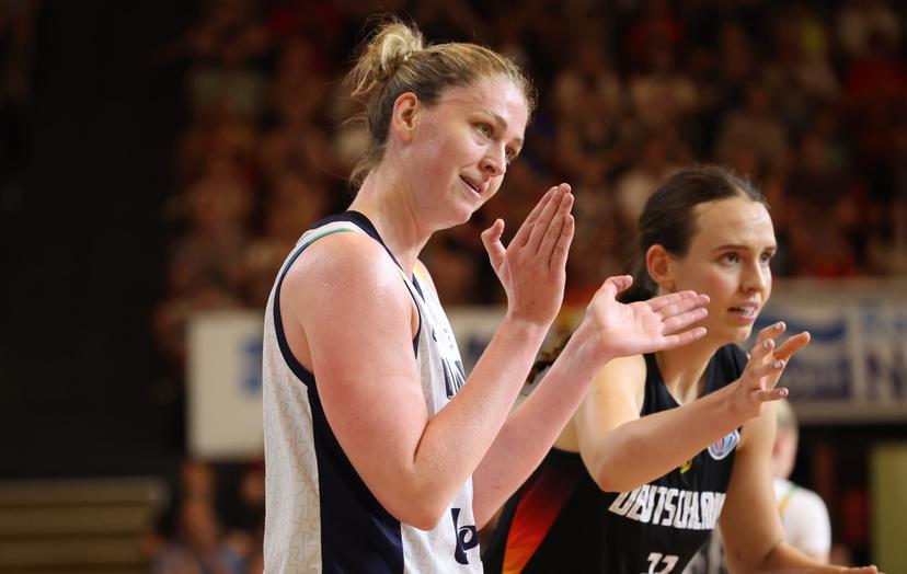 Belgium's Emma Meesseman celebrates during a friendly basket game between Belgium's national team Belgian Cats and Germany, in Oostende, on Saturday 14 June 2025. BELGA PHOTO VIRGINIE LEFOUR