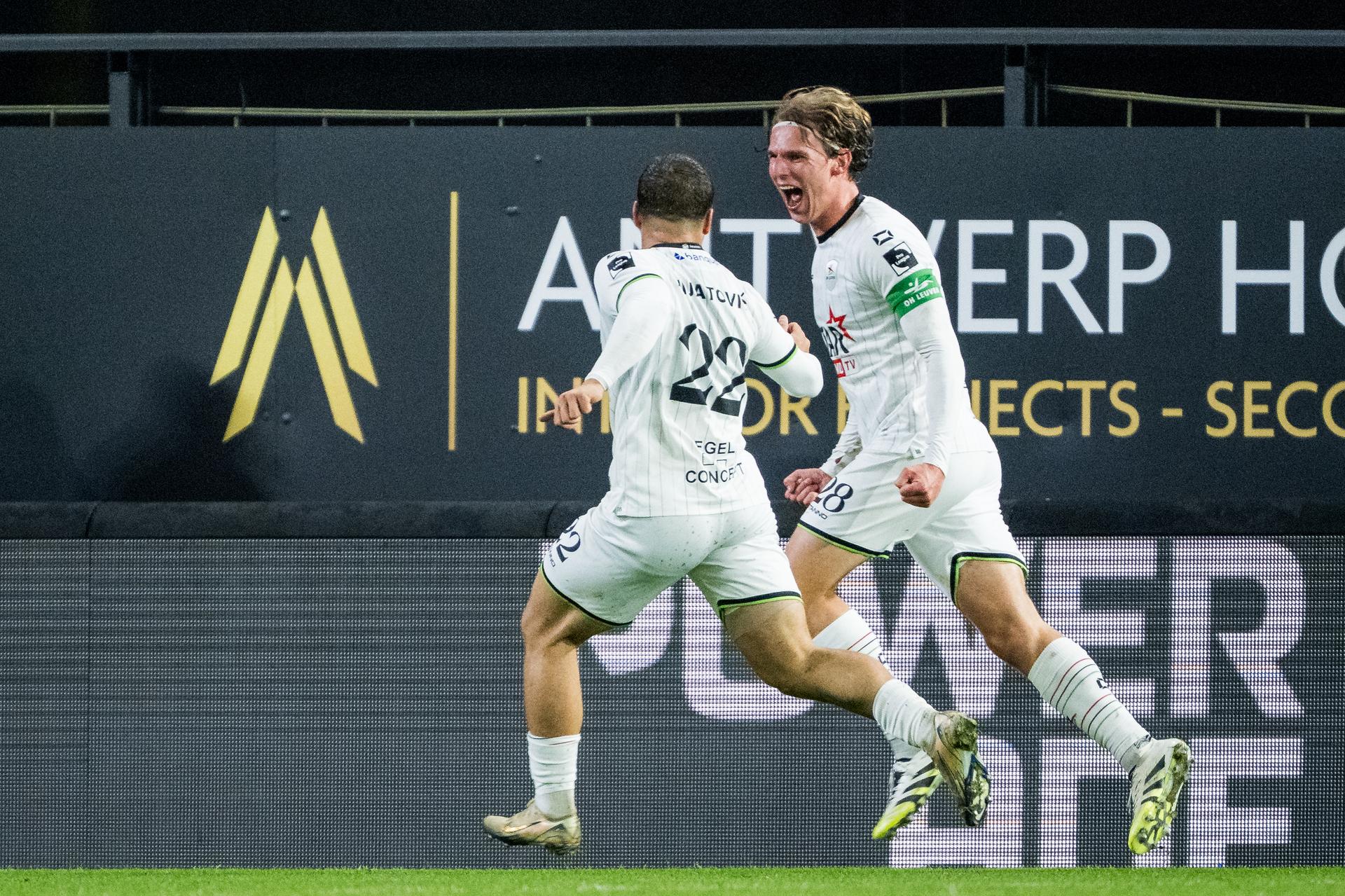 OHL's Ewoud Pletinckx celebrates after scoring during a soccer match between KV Mechelen and Oud-Heverlee Leuven, Saturday 25 October 2025 in Mechelen, on day 12 of the 2025-2026 'Jupiler Pro League' first division of the Belgian championship. BELGA PHOTO JASPER JACOBS