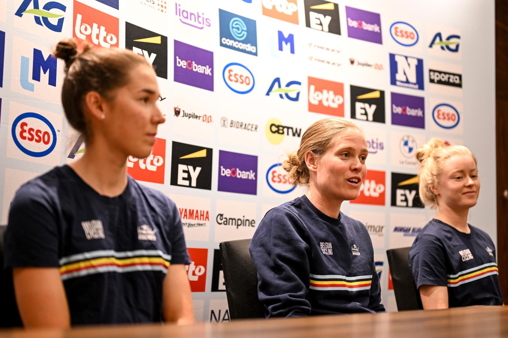 Belgian Marieke Meert, Belgian Julie Van De Velde and Belgian Margot Vanpachtenbeke a press conference at the cycling road World Championships, in Kigali, Rwanda, Thursday 25 September 2025. The 2025 UCI Road World Championships take place from 21 to 28 September in Kigali, Rwanda. BELGA PHOTO DIRK WAEM